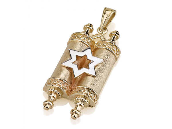 14K Gold Torah Scroll Necklace with Star of David