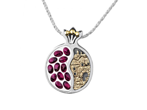 Silver and Gold and Garnet Stones Pomegranate Jerusalem Window Necklace
