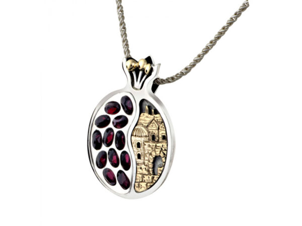 Silver and Gold and Garnet Stones Pomegranate Jerusalem Window Necklace - Image 2