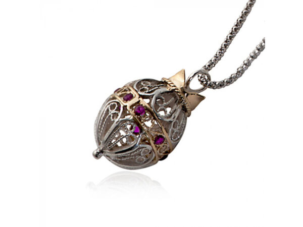 Silver and Gold Intricate Decorative Pomegranate Necklace with Rubies - Image 5