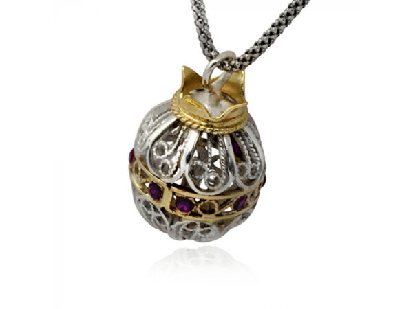 Silver and Gold Intricate Decorative Pomegranate Necklace with Rubies - Image 3