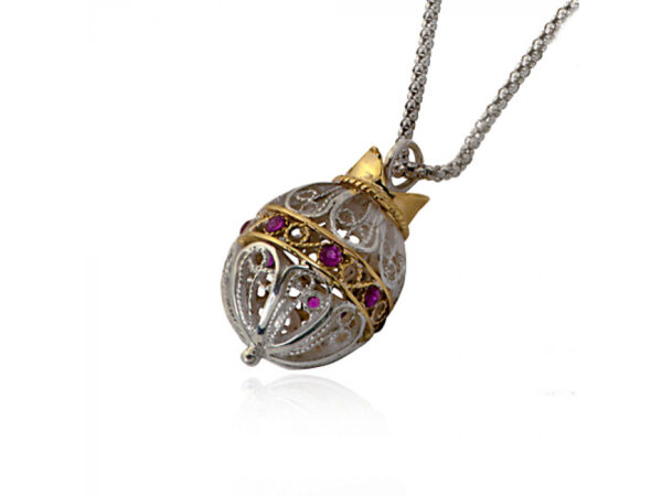 Silver and Gold Intricate Decorative Pomegranate Necklace with Rubies - Image 2