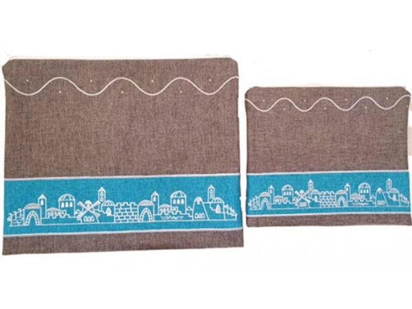 Lily Art Brown And Teal Wavy Line Jerusalem Tallit And Tefillin Bag Set