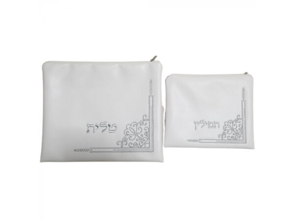 Lily Art White Faux Leather Tallit And Tefillin Bag Set With Wheat And Flower Decoration