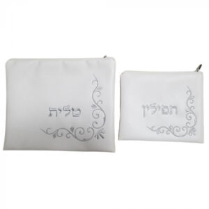 Lily Art White Faux Leather Tallit And Tefillin Bag Set With Floral Curly Corner