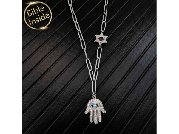 Sterling Silver Nano Bible (Tanach) Hamsa And Star Of David Necklace Nano Jewelry - Image 2