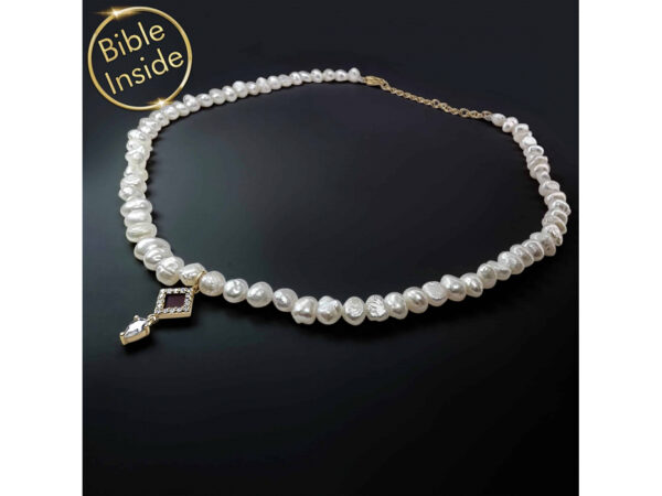 Pearl Necklace With Nano Bible (Tanach) Pendant And Gem Nano Jewelry