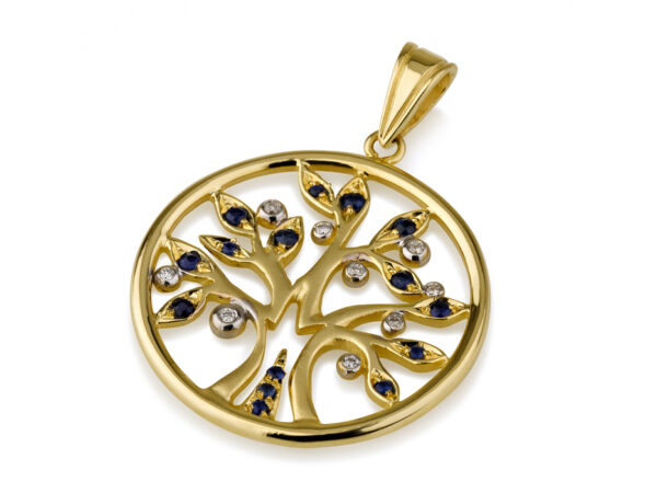 14K Gold Tree of Life Pendant set with Diamonds and Sapphire in Round Frame