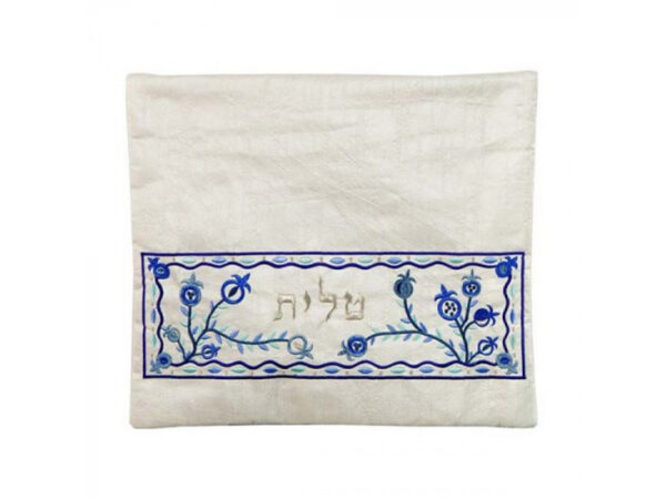 Tallit Bag Blue Rectangular Pomegranate Embroidery On White