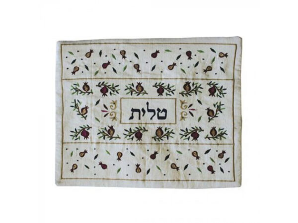 Tallit Bag Machine Embroidered Pomegranates On White