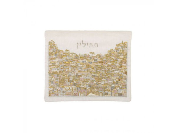 Tefillin Bag Full Embroidery Gold And Silver Jerusalem Scene