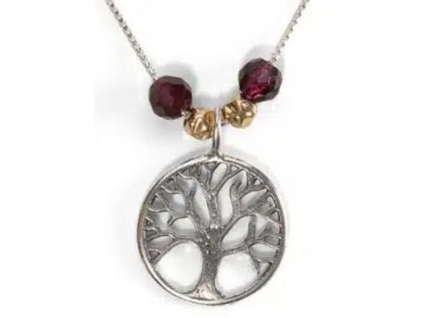 Israel Museum 925 Sterling Silver Tree Of Life Pendant With Garnet Beads