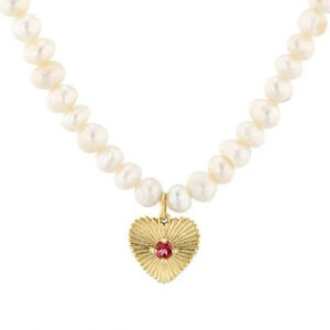14K Gold Heart With Birthstone On Pearl Necklace by Liat Gilad